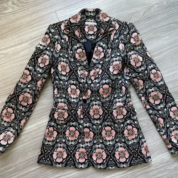 Alice + Olivia Macey Floral Print Blazer Sz 0 EUC Peach and Black - Picture 4 of 13